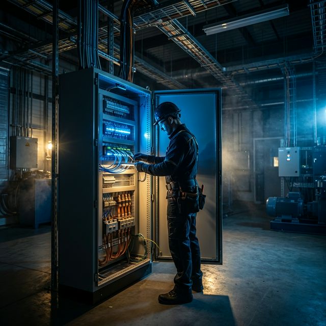 Ingeniero eléctrico de INSTALECT trabajando en tablero de control industrial certificado RETIE en Medellín, Colombia